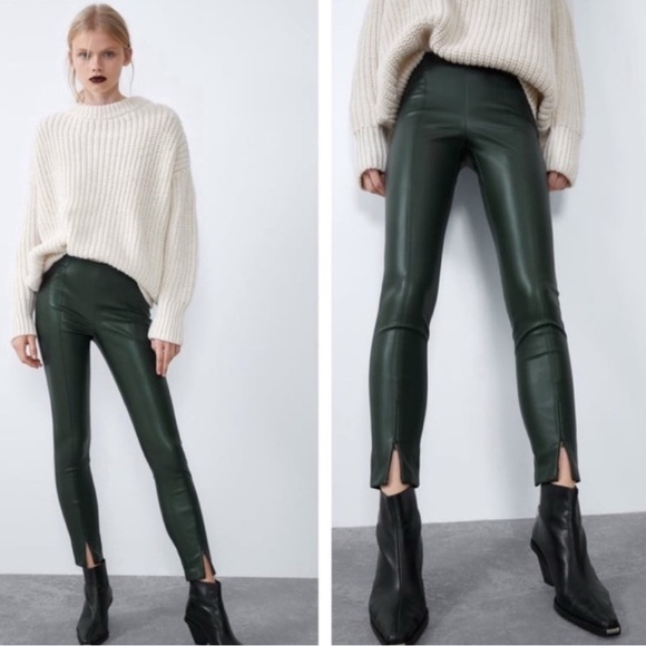 ZARA Faux Leather Pants Olive Green Zippered Ankle Legging Sz S Classic Citycore - Picture 1 of 8